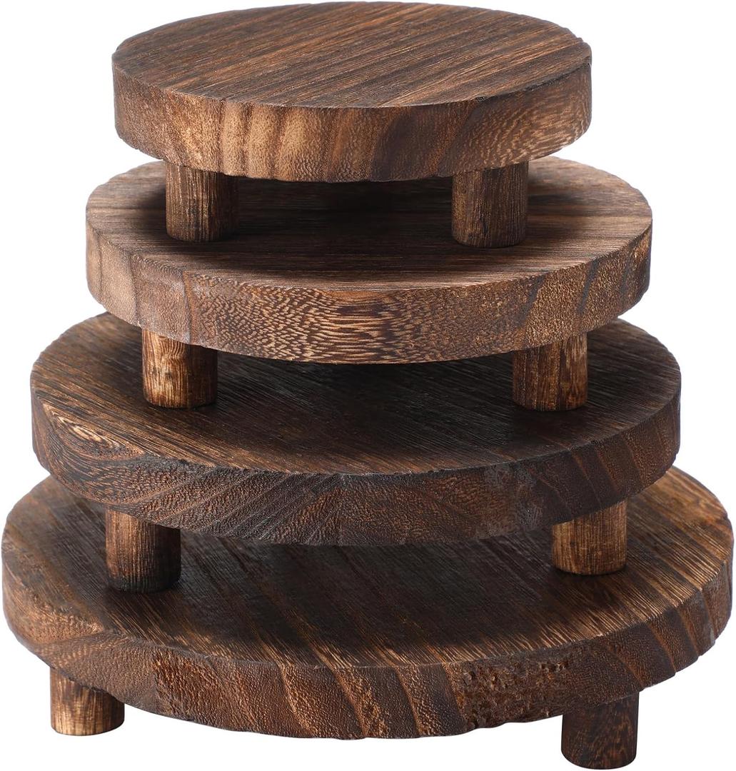 Geetery 4 Pcs Wooden Risers for Display Wood Pedestal Stand Mini Tray Stand Round Wooden Pedestal Holder Rustic Riser for Decor Tiered Tray Decor Home Kitchen, 4 Size(Brown)