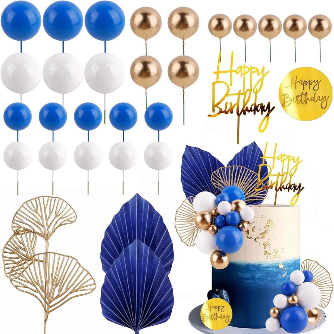 MEMOVAN Blue White Gold Ball Cake Toppers Balls Cupcake Toppers Foam Ball Shaped Cake Picks DIY Balloon Cake Insert Topper Ball Birthday Cake Decorations for Birth Boho Wedding Baby Shower Party