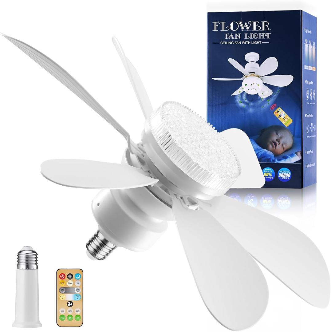Socket Fan Light - Ceiling Fans with Lights and Remote/Socket Extender,Adjustable brightness and 3 color temperature of lighting Wind Ceiling Fan for Bedroom, Kitchen, Living Room (Crystal)