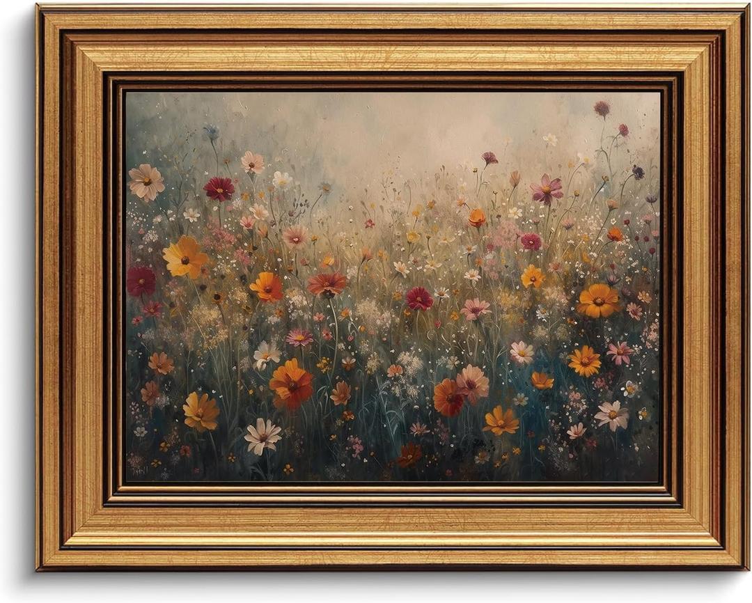 Gold Framed Wall Art Vintage Flower Canvas Wall Art Nature Landscape Flower Wildflower Artwork Prints Picture for Living Room Bedroom Farmhouse Bathroom Office Decor, 8x10