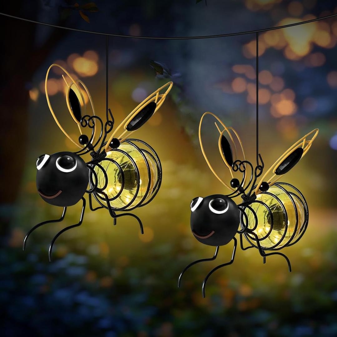 2 Pack Solar Lanterns, Bee Solar Garden Lights Outdoor Waterproof Hanging Lantern for Garden Patio Yard Pathway Christmas Decor