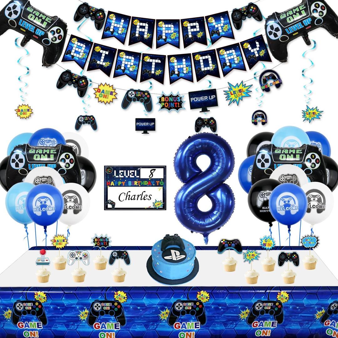 Video Game Party Decorations - 8th Birthday Decorations for Boys, HAPPY BIRTHDAY Banner, Video Game Balloons, Number 8 Blue Balloons, Gaming Hanging Swirls, Game On Birthday Party Supplies