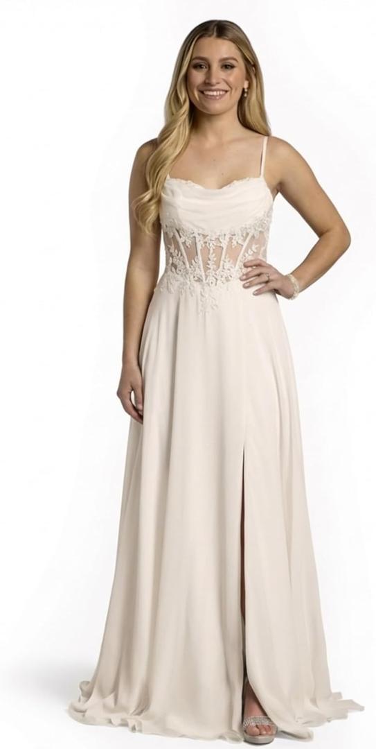 David's Bridal Chiffon Illusion Lace Bodice A-Line Wedding Dress, Women's Size 12, Soft White