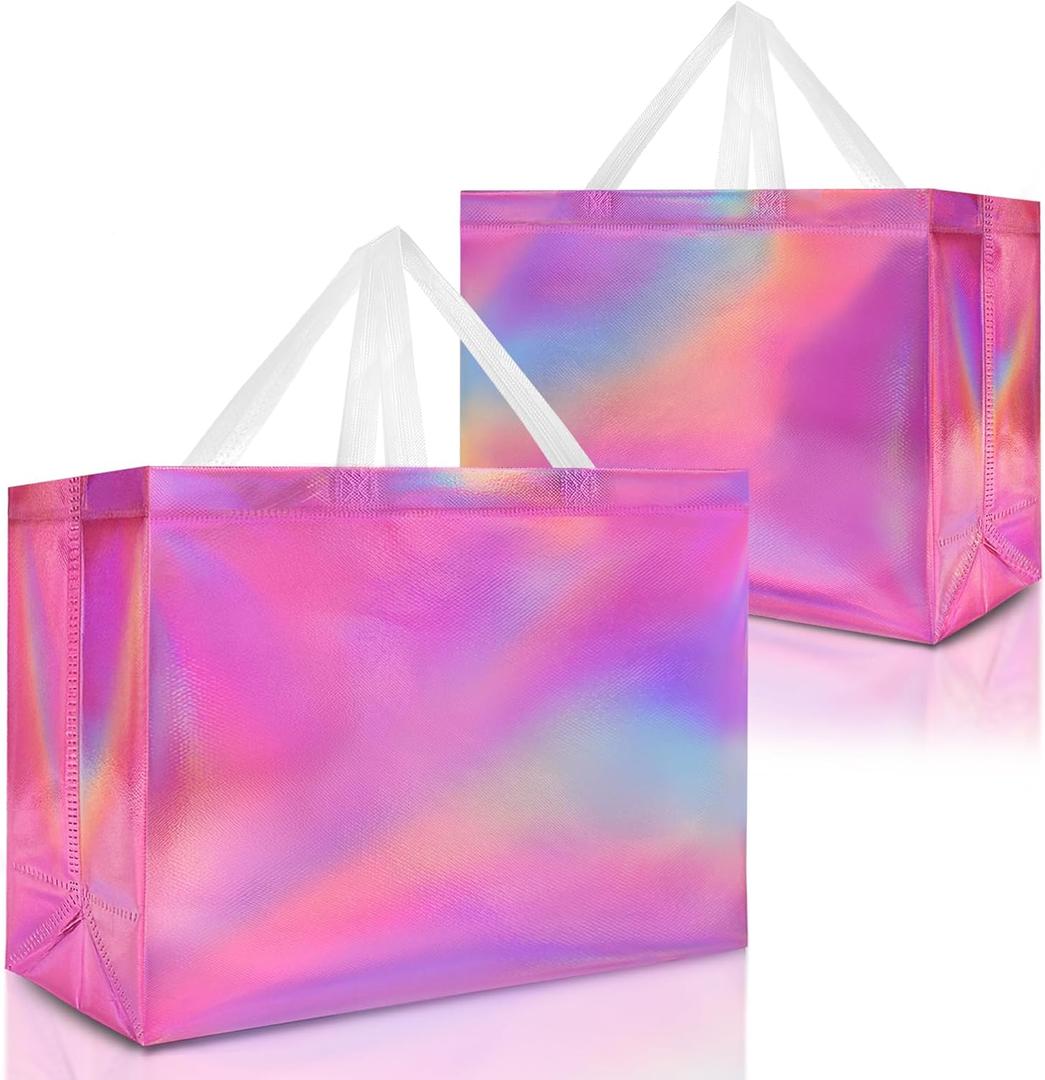 Nush Nush Extra Large Holographic Pink Gift Bag, Set of 12 Reusable Pink Iridescent Gift Bags with Handles - Party Favor Bags for Birthdays, Baby Shower, Bachelorette Party - 15.5W x 6D x 12H Size