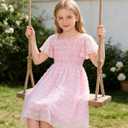 Kids4ever 6-12T Girls Chiffon Dress with Solid Pom Poms & Flutter Ruffle Short Sleeve Kids Lace Square Neck Frocks, 13T
