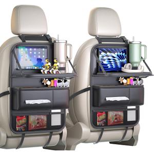 Luxury Leather Back Seat Organizer with Tray,Premium Command Center for Family Road Trips, Foldable Laptop & Tablet Tray, Dedicated Pocket Fits 120Count Tissue Box,Cup Strap for 3040oz Tumblers