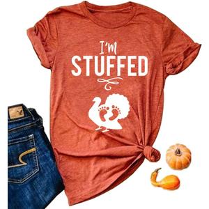 I'm Stuffed Thanksgiving Pregnancy T-Shirt Women Funny Baby Feet Turkey Graphic Tee Cute Fall Turkey Maternity Tops (Orange, M)
