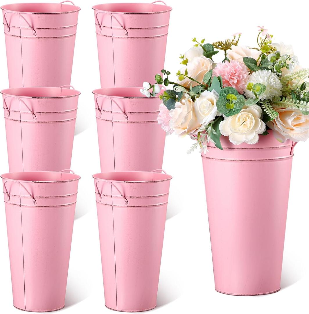 Irenare 12 Inch Vintage Galvanized Flower Metal Flower Vase Farmhouse French Planter Metal Floral Container for Party Table Centerpiece Weddings Home(Pink,6 Pcs)