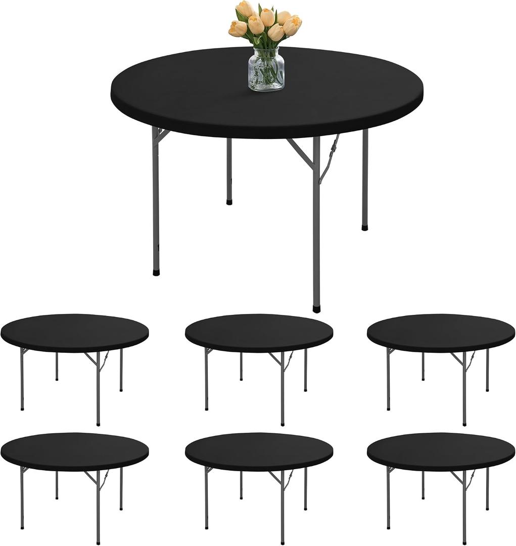 Fitted Round Table Cover with Elastic - 6 Pack Black Round Tablecloths 60 Inch, Windproof & Non-Slip Dining Circle Table Protector for Outdoor Picnic, Party, Event