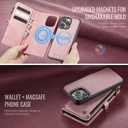 Defencase for iPhone 13 Pro Max Magnetic Wallet Case Compatible with Magsafe with RFID Blocking Zipper Strap Card Holder for Women, PU Leather Detachable Case for iPhone 13 Pro Max (6.7"), Rose Pink