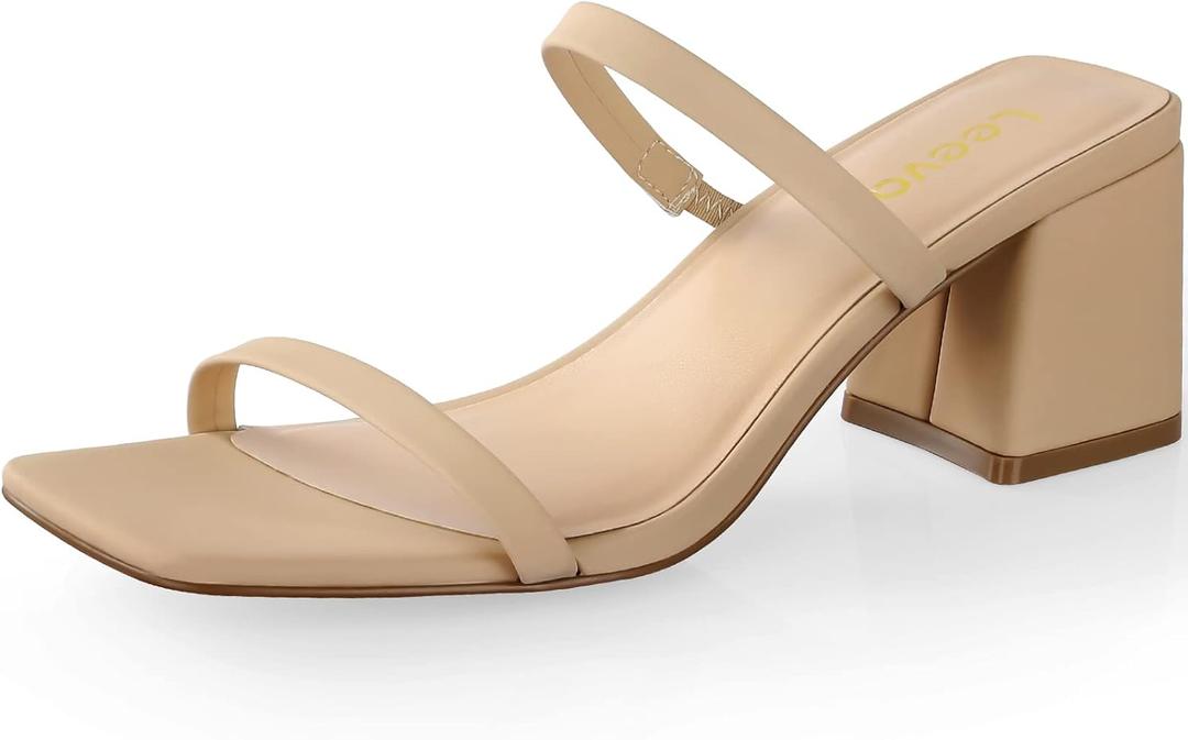 Leevar Square Toe Heeled Sandals for Women - Women's Low Block Heels Sandals - 2.25IN Open Toe Ankle Strap Chunky Heels - Slip on Heeled Sandal Mule- Nude Black Strappy Heels for Party Wedding Dress Shoes, Size 8.5