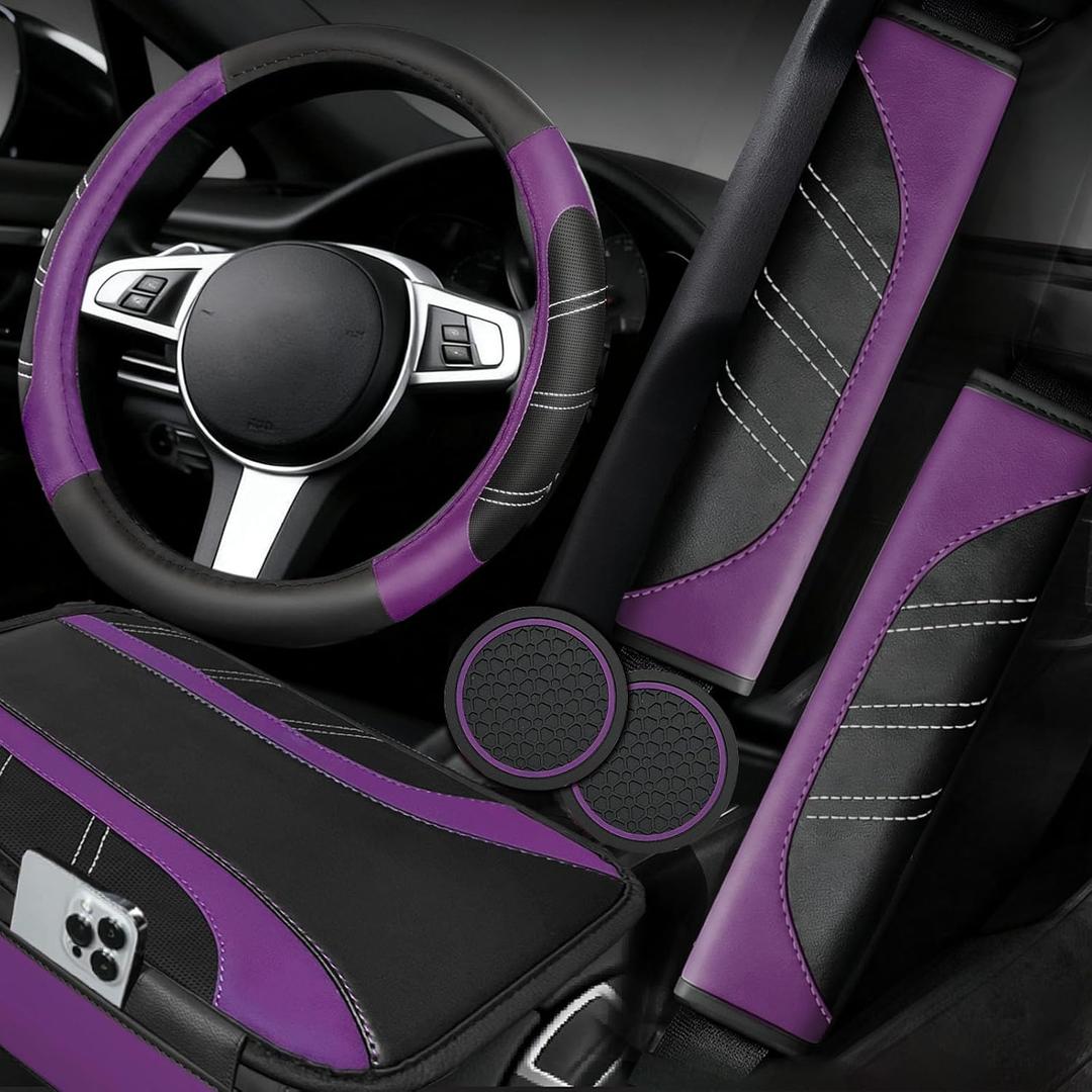 NBTEPEM 6 Pcs Purple Car Accessories Set, Sport Leather Steering Wheel Cover 14.5-15inch Universal, Leather Car Center Console Cover, Seat Belt Cushion, Cup Holder Coaster (Black-Purple)