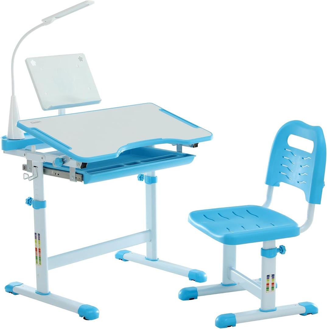 Diroan Kids Functional Desk and Chair Set, Ergonomic Height Adjustable Children School Study Desk with Tilt Desktop, Book Stand, LED Light, Metal Hook and Storage Drawer for Boys Girls(Blue), Large