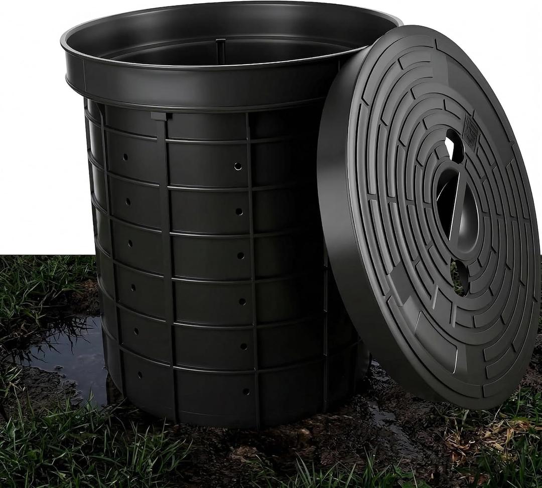 6.6 Gal 15" Sump Pump Basin with Lid, 25L Perforated Sump Pump Basin Bucket for Yard Drainage Systems, Basement & Crawl Space, Corrosion-Resistant, Impact-Resistant for Yards,Patios,Driveways
