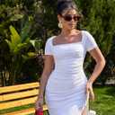 BEAGIMEG Women's Sexy Bodycon Short Sleeve Square Neck Side Slit Ruched Party Club Evening Mini Dress (White, XL)