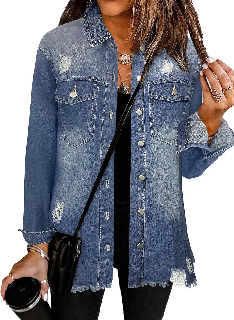 Bosmeer Women's Oversized Jean Jacket Casual Long Sleeve Denim Shirts Distressed Frayed Hem Denim Shacket, R-knight Blue, X-Large