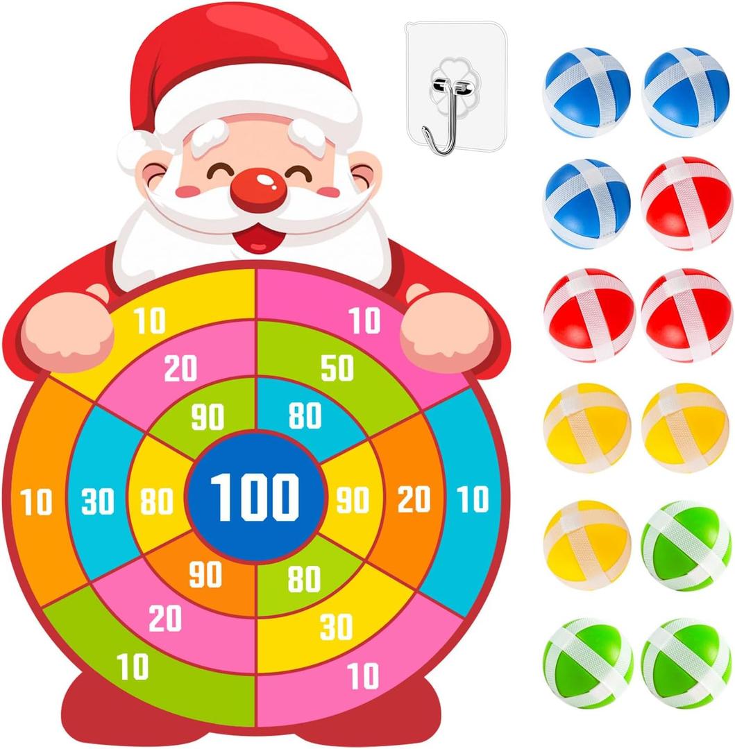 Christmas Dartboard Game For Children, 30-inch Oversized Santa Claus Dartboard, Includes 12 Sticky Balls and 1 Sticky Hook, Family Christmas Party Game, Indoor/Outdoor Fun for Ages 3-12