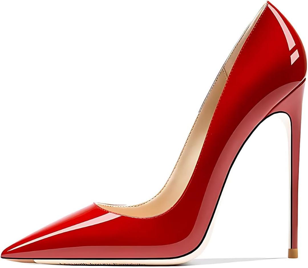 Qunvngutui Women's Pointed Toe Shallow Stiletto Heels 4.7 Inch Pumps Wedding Party Banquet Shoes Red Patent Leather US7.5