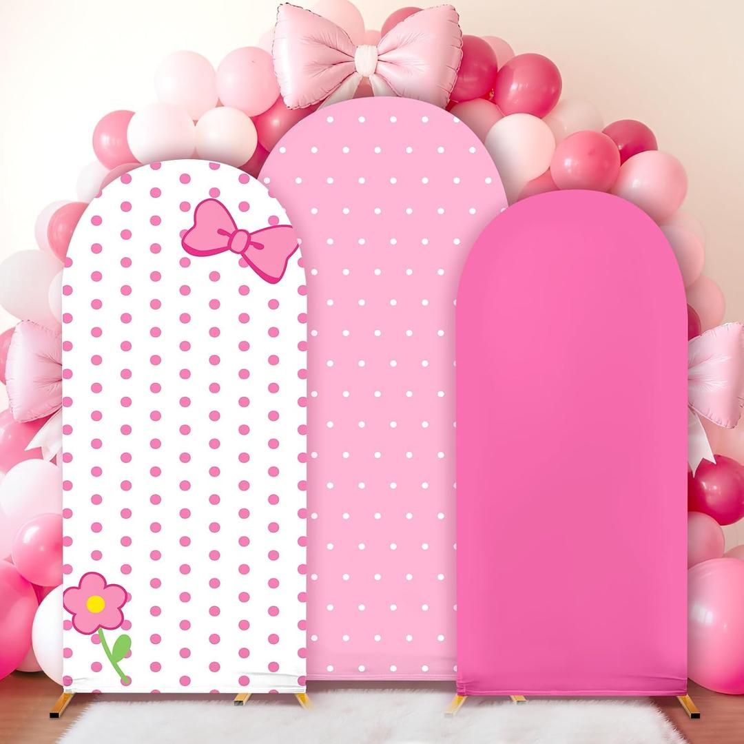3Pcs Pink Arch Backdrop Cover Pink Stretchy Arch Backdrop Stand Cover Cartoon Cat Bow Spandex 4ft 5ft 6ft Background Covers Cute Spot Photos Prop Covers for Wedding Bridal Baby Shower Photo Decoration