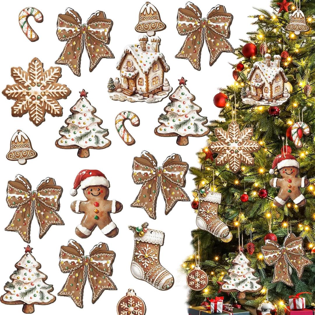 Yookeer 36 Pcs Gingerbread Christmas Ornaments Wood Christmas Tree Bow Hanging Ornaments Vintage Farmhouse Xmas Decoration Tags with Rope Decor for Winter Holiday Decorations