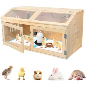 Chicken Brooder Box for Chicks with Sliding Drawer, Large Wooden Chick Brooder Box 32" Wide with Heating Lamp & Thermometer, Fully-Opened Top and Front Door for Chicks, Duck, Quail, Hamster, Reptiles