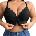 WDIRARA Women's Plus Size Front Closure Lace Bralette V Neck Push Up Sexy Bras High Support Bra (3X-Large Plus, Black)