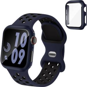 Sport Silicone Bands and Case with Screen Protector Compatible with Apple Watch Band 44mm/45mm/46mm/42mm/41mm/40mm for Men, Breathable Strap and Cover Combo for iWatch Series 11/10/9/8/7/6/5/4/SE (Midnightblue Black)