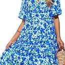 KIRUNDO Womens Summer Dresses Casual Boho Floral Mini Babydoll Short Sleeve A Line Dress V Neck Sundress Beach Vacation(White Blue Flower, Medium)