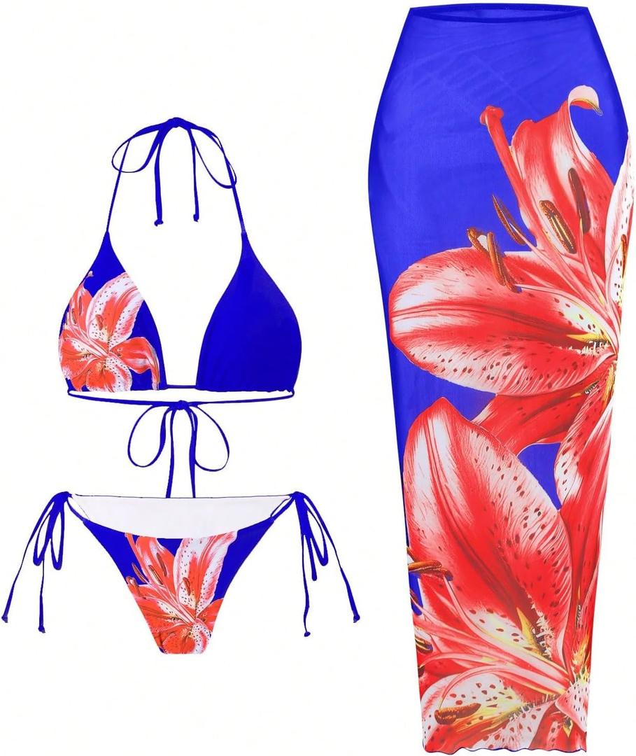 ZAFUL Womens 3pcs Swimsuit Floral Halter Triangle Bikini Top Tie Side Bottom with Long Sheer Cover Up Skirt, Small