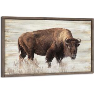 Rustic Wildlife Wooden Wall Art - Large American Bison Picture Buffalo Painting Prints Wild Animals Framed Artwork for Living Room (36"L x 24"W)