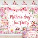 Mother's Day Tea Party Banner Backdrop 8x6FT Pink Floral Mother's Day Photography Background Let's Partea Thanks Mom Wall Decorations for Home