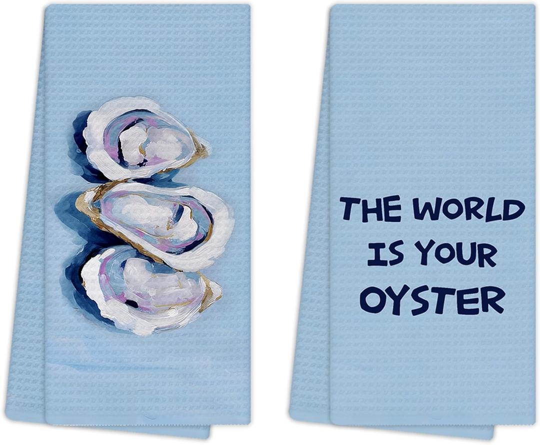 Oyster Coastal Kitchen Towels, Blue Preppy Beach Nautical Hand Towels for Bathroom Decor, The World is Your Oyster Inspirational Dishcloths Dish Towel for Kitchen 16x24 Inches