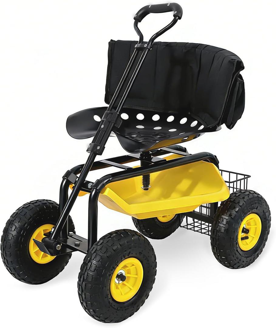 Sekey Garden Cart Rolling Workseat with Backsupport & 360 Swivel Seat, Heavy Duty Garden Scooter with Adjustable Height, Tool Tray, All-Terrain Wheels, 440 lbs Capacity for Seniors & Gardeners, 500LBS