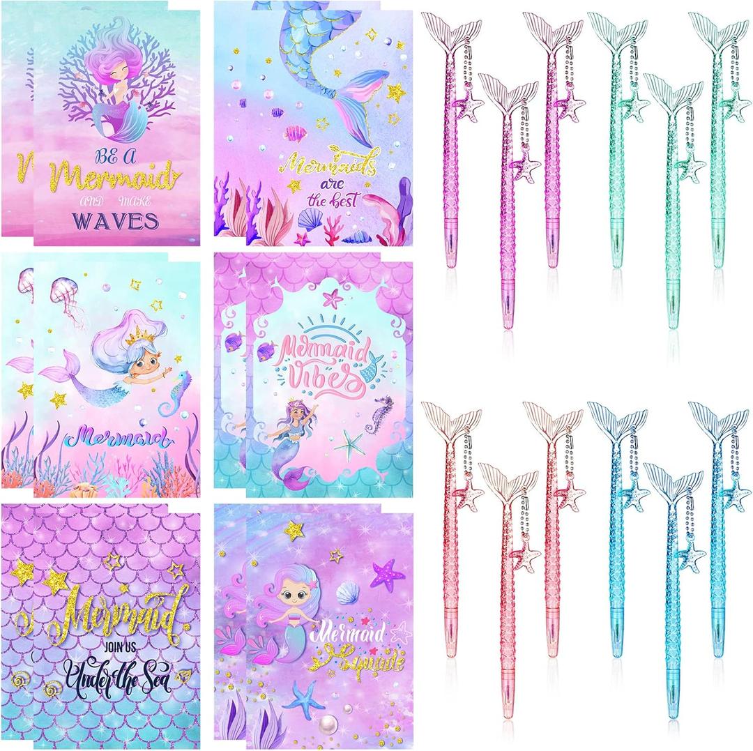 Teling 24 Pcs Stylish Mermaid Pen and Notepad 5 Inches 12 Cute Notepads 12 Black Ink Pen for Birthday Decorations, Party Favors, Kids Girls School Supplies