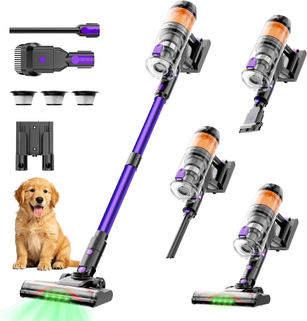 Cordless Vacuum Cleaner, 500W 40KPa 60Mins Vacuum Cleaners for Home, Wireless Vacumm Anti-Tangle Rechargeable Vacuum with Green Light for Pet Hair/Carpet/Hardwood Floor, Purple