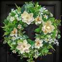 24 Inch Spring and Summer Magnolia Wreath for Front Door, Artificial White Magnolia with Berries and Greenery, Spring and Summer Door Wreath for Indoor Outdoor Decor