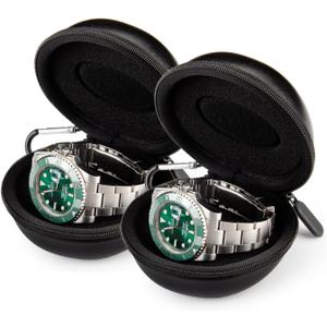 2 Pack Travel Watch Case Single Box for Men, Portable Watch Organizer Holder 1 Slot Women - Fits all Wristwatches & Smart Watches up to 50mm (Double Black)