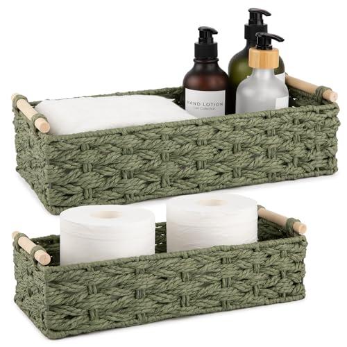 OIAHOMY Toilet Paper Baskets Handmade Paper Rope Decorative Wicker Storage Tank Shelf Cabinet Organizer for Bathroom Home, Set of 2, Green