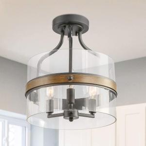 LALUZ Faux Wood Ring Ceiling Light Fixture, Modern Semi Flush Mount Ceiling Light, Farmhouse Drum Chandelier, 3 Lights, for Bathroom, Bedroom, Kitchen, Living Room, Dining Room (14.5" H) Grey