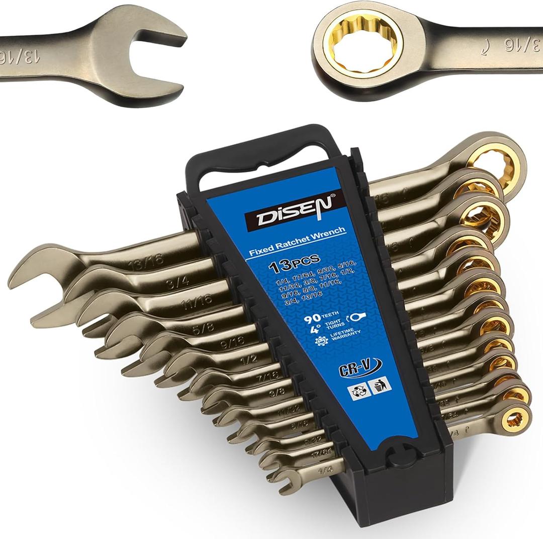 DISEN 13pcs 90 Teeth Ratcheting Wrench Set, Fixed Head SAE Combination Ratchet Wrenches Set 1/4 Inch - 13/16 inch, Nickel Plating Cr-V Constructed with Organizer (13pcs SAE Set Fixed Head)