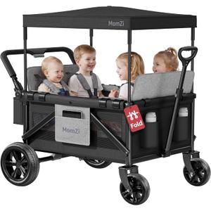 MomZi 4 Seater Wagon Stroller for Kids, Collapsible Wagon Stroller with Removable Canopy, Foldable Stroller Wagon with Seat and Storage Pocket for Baby Toddlers Black