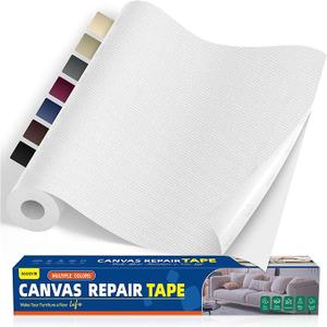 SelfAdhesive Canvas Repair Tape, 16" x 79" Waterproof Canvas Repair Patch, Fabric Patch Repairs Kit for Furniture, Tents, Sunbrellas, Boat Covers Awnings, Couches, Clothes, Bags Beige&White