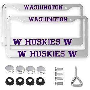 2 Packs for Washington Huskies License Plate Frames,2 Holes Silver License Plate Holder for UW,Universal Aluminum Tag Frame for License Plate for Front and Rear Car Tags (Black)