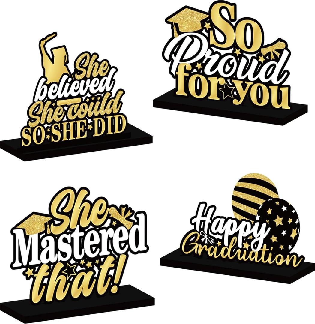 4 Pcs Black and Gold 2026 Grad Table Centerpieces, Wooden 2026 Graduation Centerpieces, Class of 2026 Signs for High School, College, Congrats Grad Graduation Party Decor Supplies