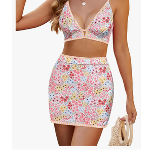 ZAFUL Women's High Waisted Bikini Sets Tummy Control Swim Skirt Color Block String Swimsuit Curvy Bathing Suits Size S