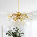 9MMML Gold 10-Light Sputnik Chandelier, Farmhouse Pendant Light Fixture with 48'' Height Adjustable Hanging Pole, 34'' Large Chandelier for Living Room, Dining Room, Kitchen, Bedroom, E26 Base