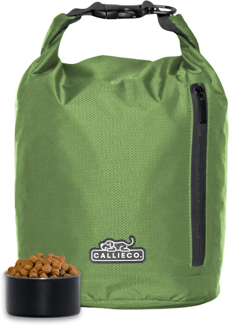 Callieco Dog Food Travel Bag w/ 1 Cup Scoop and Zipper Side Pocket | Waterproof Kibble Storage Container for Home, Road Trips, Camping, Boarding and More (Green, 32 Cups)