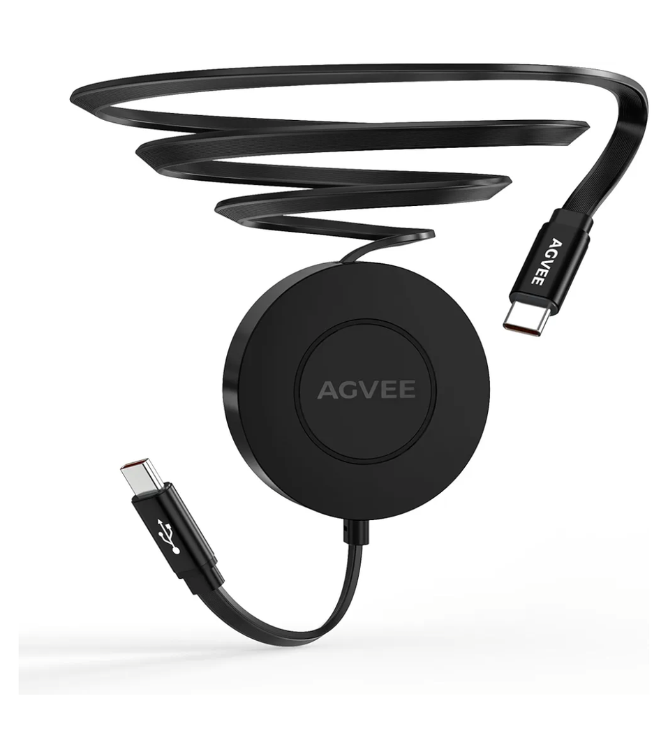 AGVEE 0.3ft Fixed / 2.3ft Extend USB-C to C Charger Cable Mountable One Way Retractable 60W Fast Charging Cord, Pocket-Sized for iPhone 16 15, Samsung, Android, Desk Organizer, Black