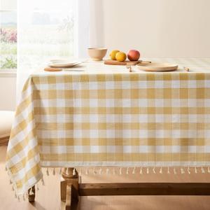Softalker Checkered Tablecloth Rectangle, Outdoor Linen Cotton Gingham Table Cloth with Tassel, Heavy Duty Wrinkle Free Buffalo Plaid Table Cover for Kitchen Dining Summer Party - 55 x 84 Inch, Yellow