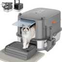 Enclosed Stainless Steel Litter Box with Lid for Big Cats/Kittens, XL Large Removable Cat Litter pan with Scoop, Mat, Stairs, carbon cartridge, Odorless, Non-Sticky, Easy Cleaning (Dark Grey)